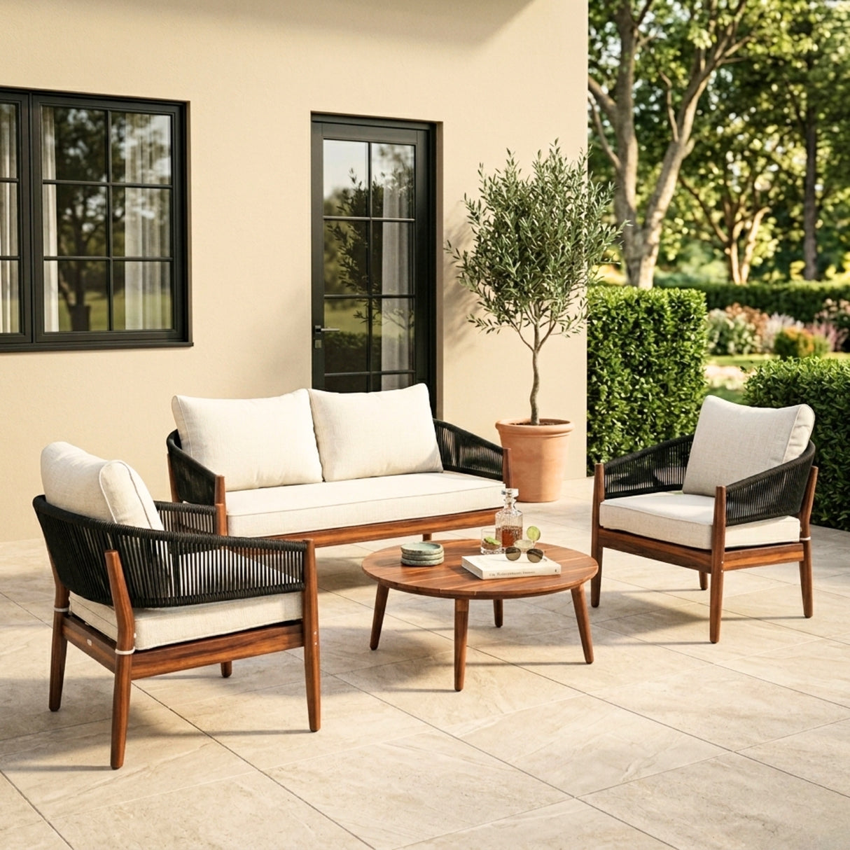 Outdoor Rope Sofa Set with Round Slatted Coffee Table (Black & Off-White)