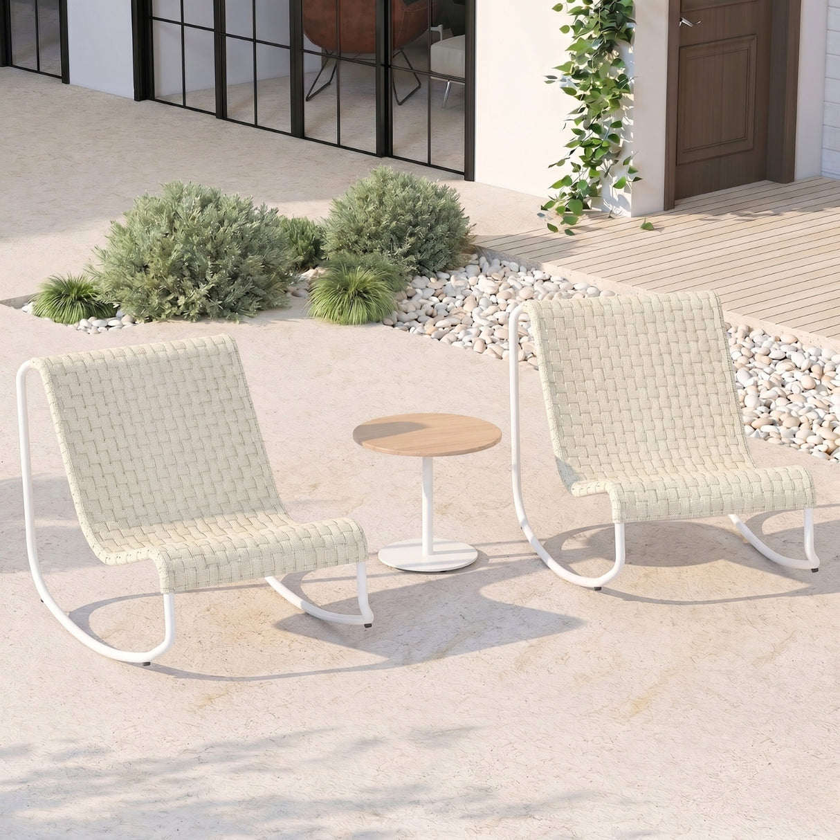 Outdoor Rope Patio Conversation Set with 2 Lounge Chairs & Round Center Table