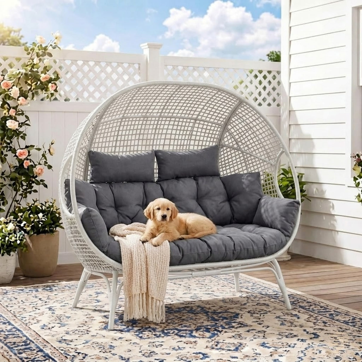 Outdoor Rattan Wicker Double Seater Egg Chair (White & Grey)