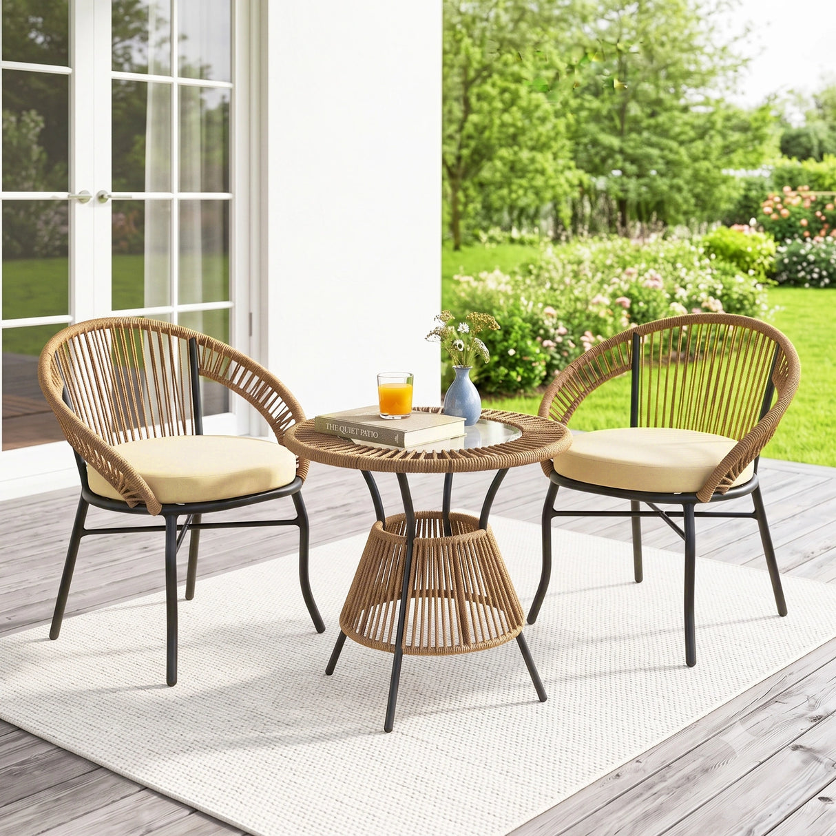 Outdoor Rope 3 Piece Patio Bistro Set (Beige & Cream)