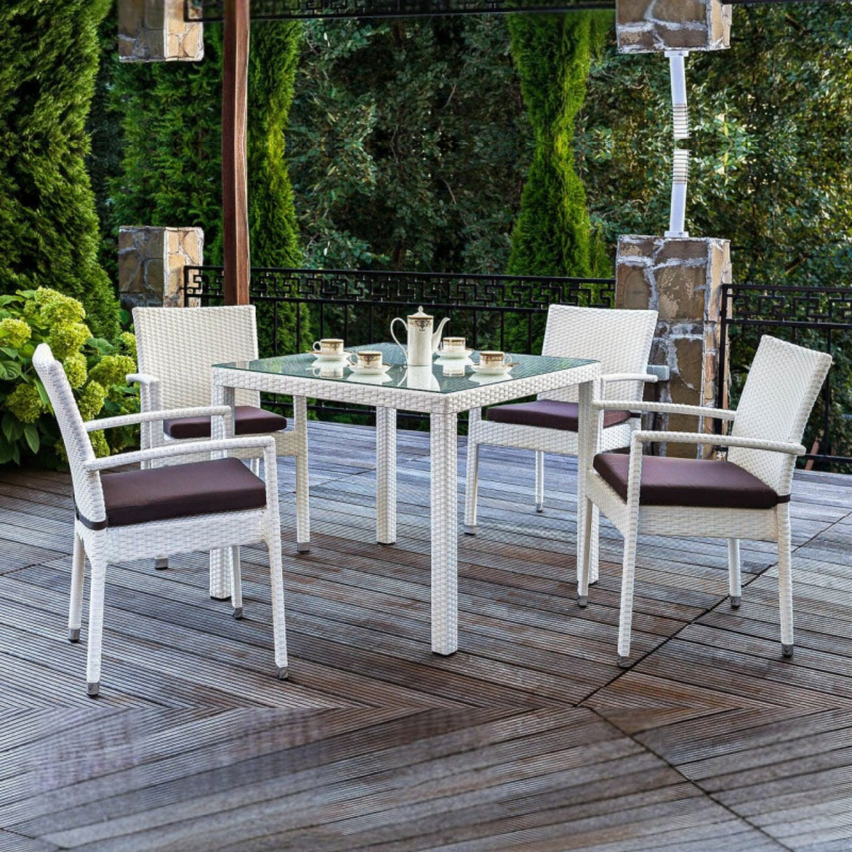 5-Piece Outdoor Patio Dining Set With Rattan Chairs & Glass-Top Table