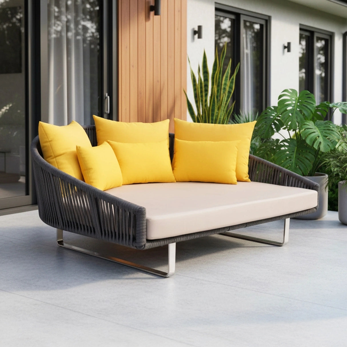 Outdoor Grey Rope Patio Daybed with Comfortable Cream Cushion