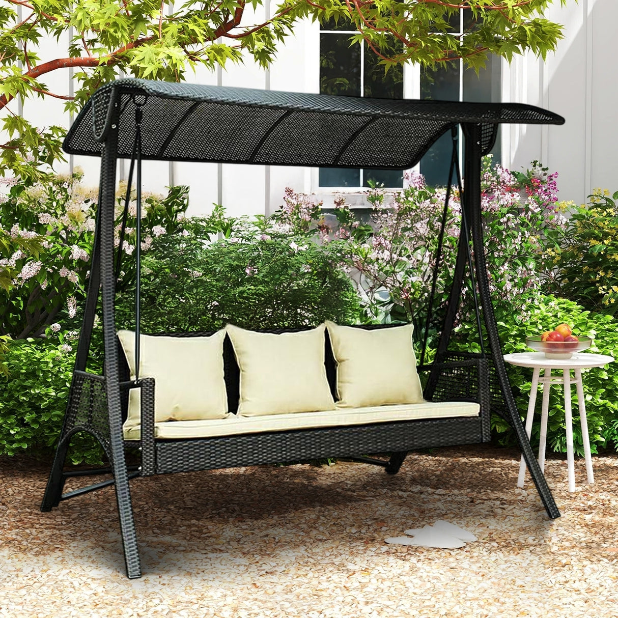 All-Weather Outdoor Rattan Wicker 3-Seat Patio Swing Chair with Shade