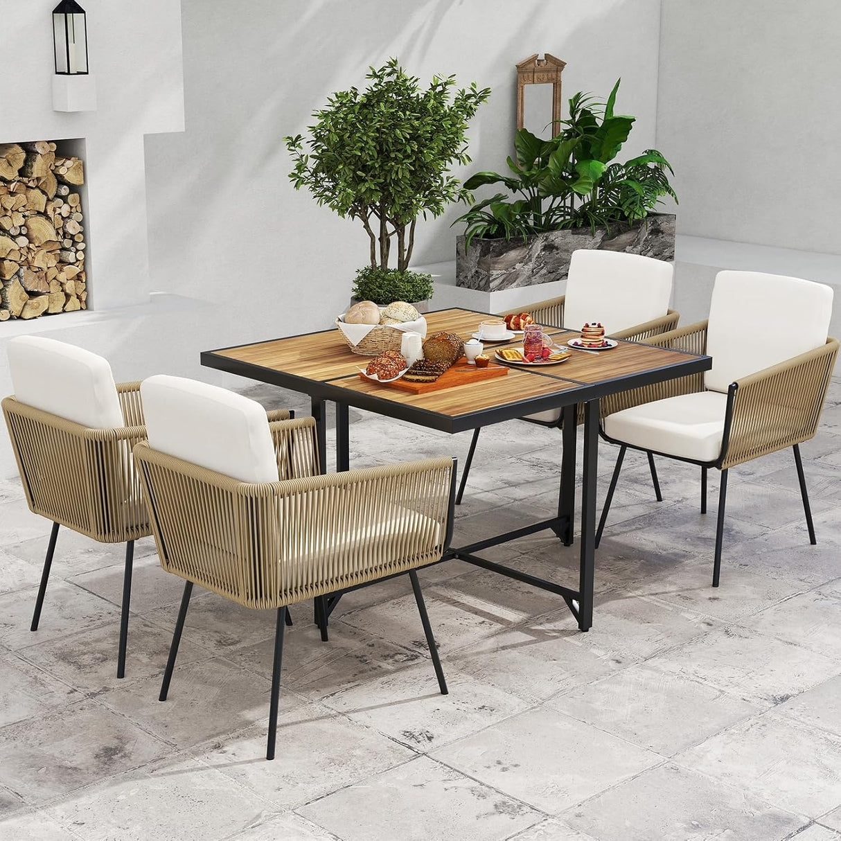 5-Piece Outdoor Patio Dining Set with Square Wood Tabletop