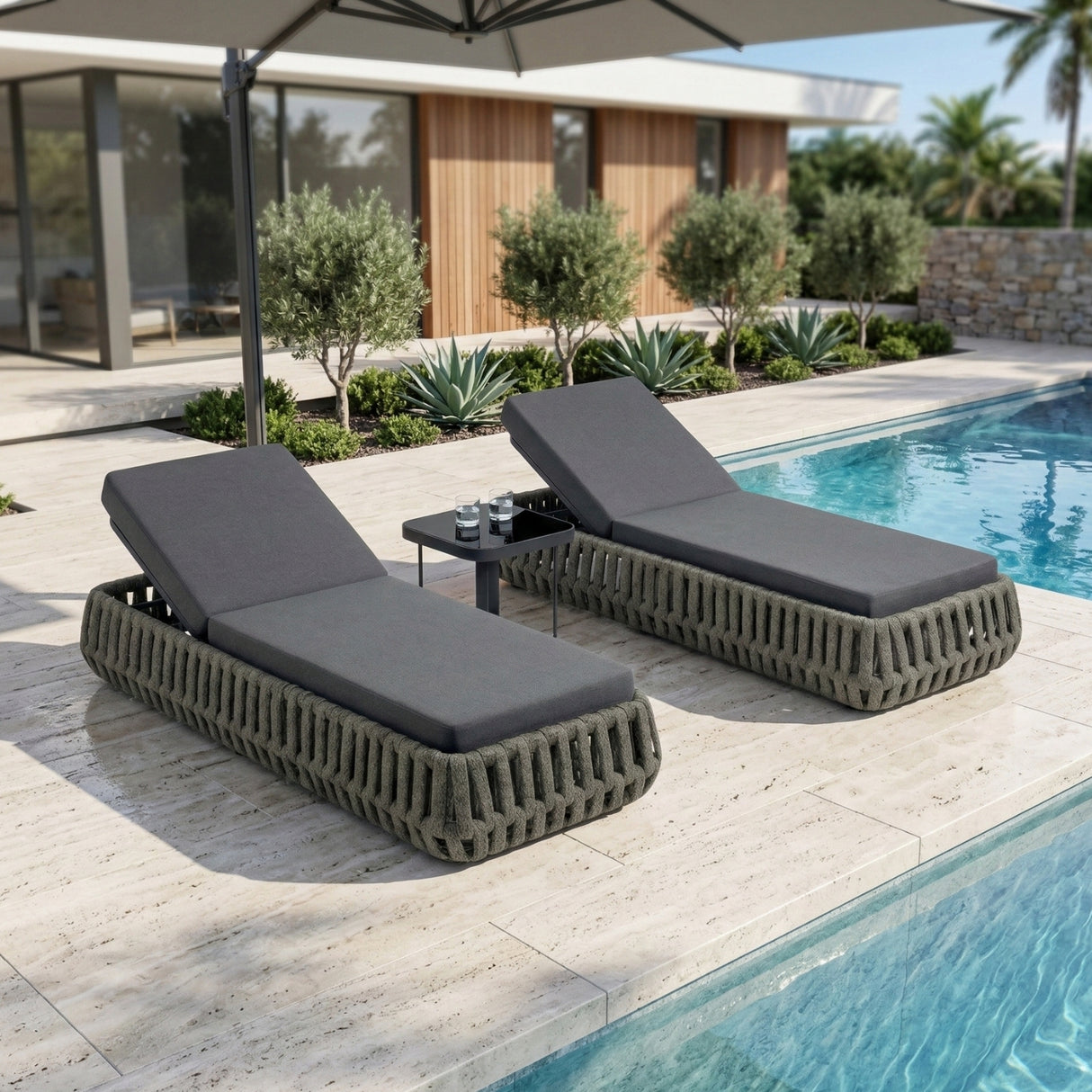 Outdoor Rope Lounge Chairs Set of 2 With Side Table