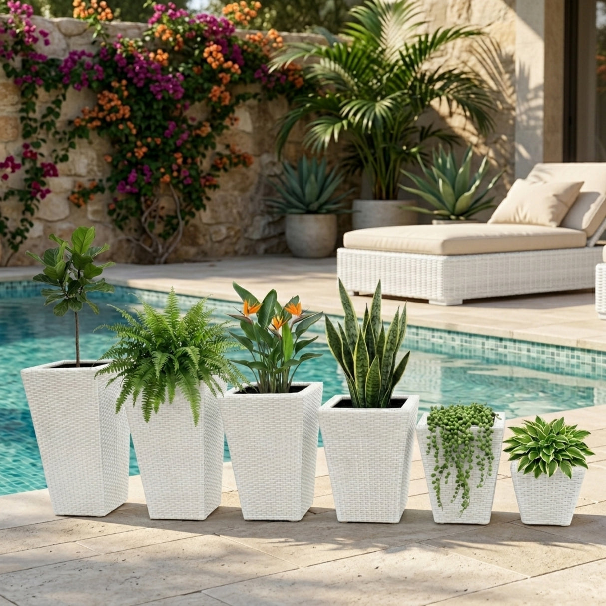 Tall Tapered Set of 6 Outdoor Wicker Planter (White)