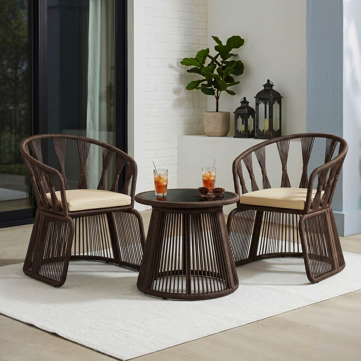 Outdoor Rope 3-Piece Patio Set (Brown & Cream)