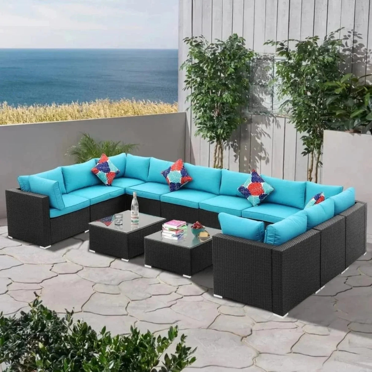 6-Piece Outdoor Wicker Sofa Set (Black/Sky-Blue)