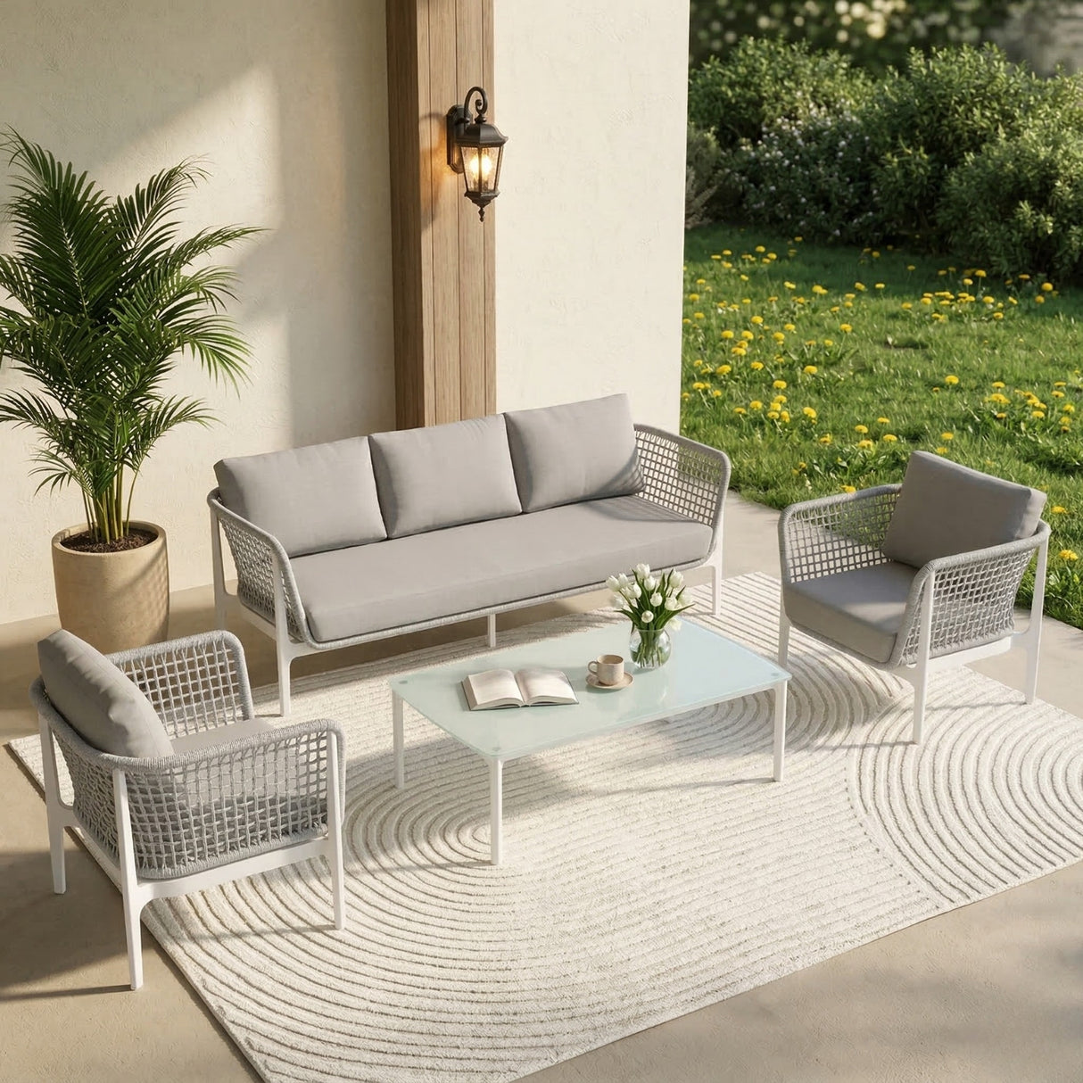 Outdoor Rope 5-Seater Sofa Set With Glass Top Table (Grey)