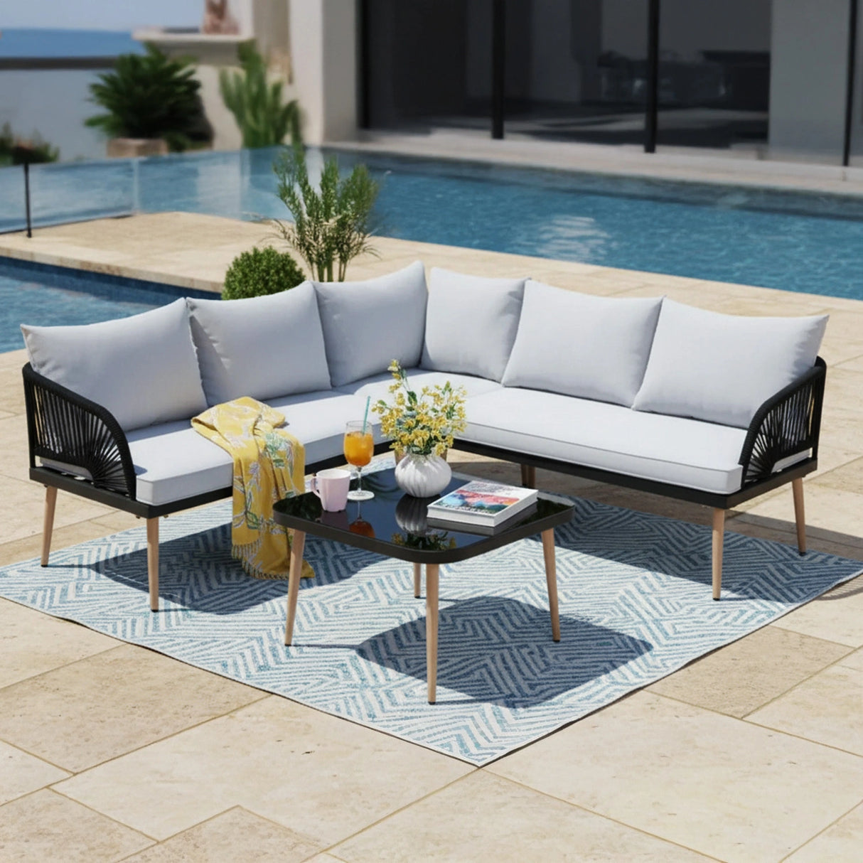 L-Shape 5 Seater Outdoor Patio Rope Conversation Set with Table