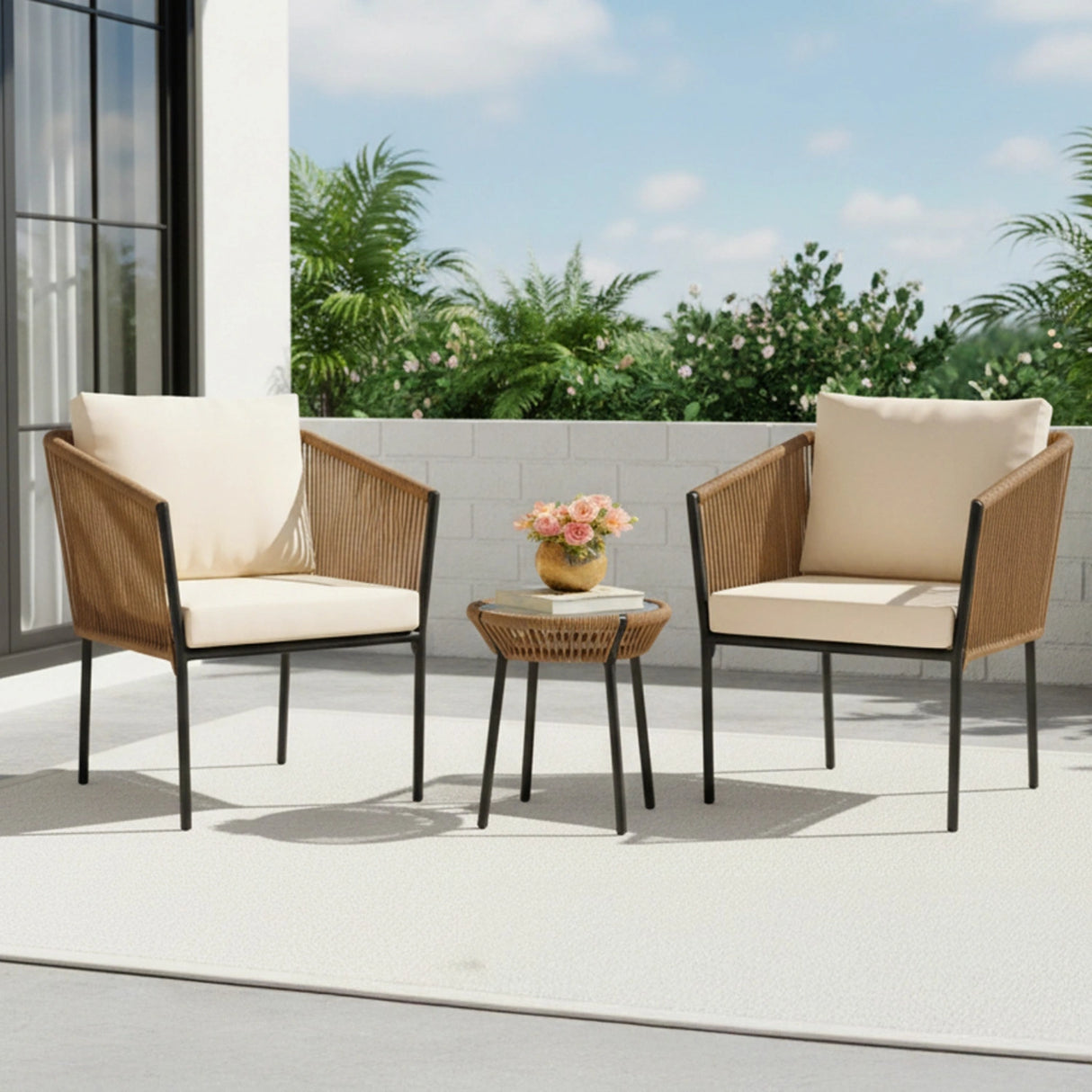 Outdoor Rope Patio Set with Glass Top Table