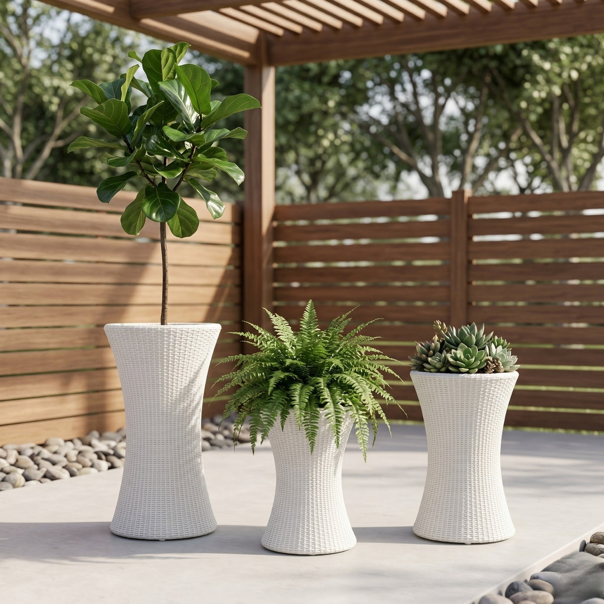 Outdoor Hourglass Design Set of 3 Wicker Planters (White)