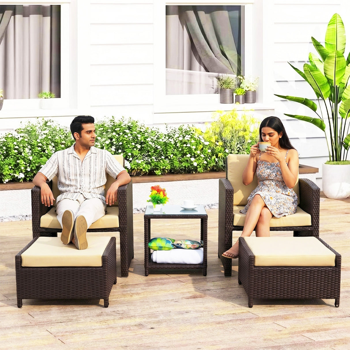 Outdoor 5 Piece Patio Wicker All Weather Sectional Furniture Set