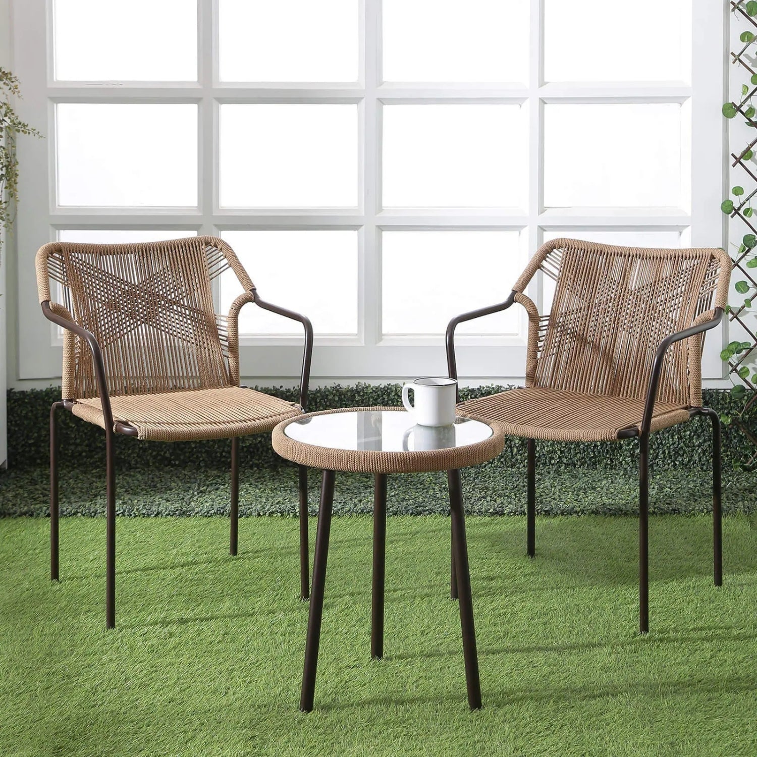 3-Piece Outdoor Beige Rope Patio Set