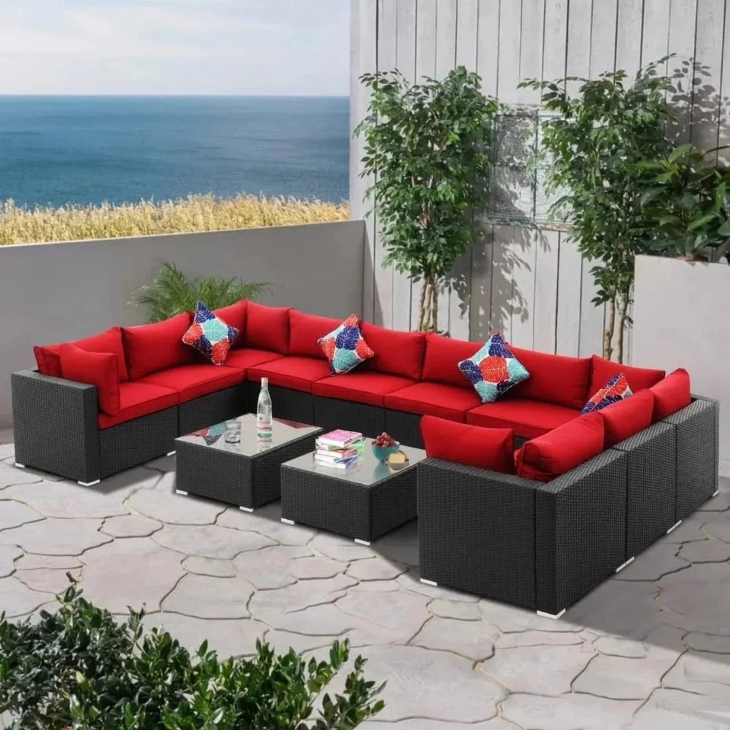 6-Piece Outdoor Wicker Sofa Set (Black/Red)