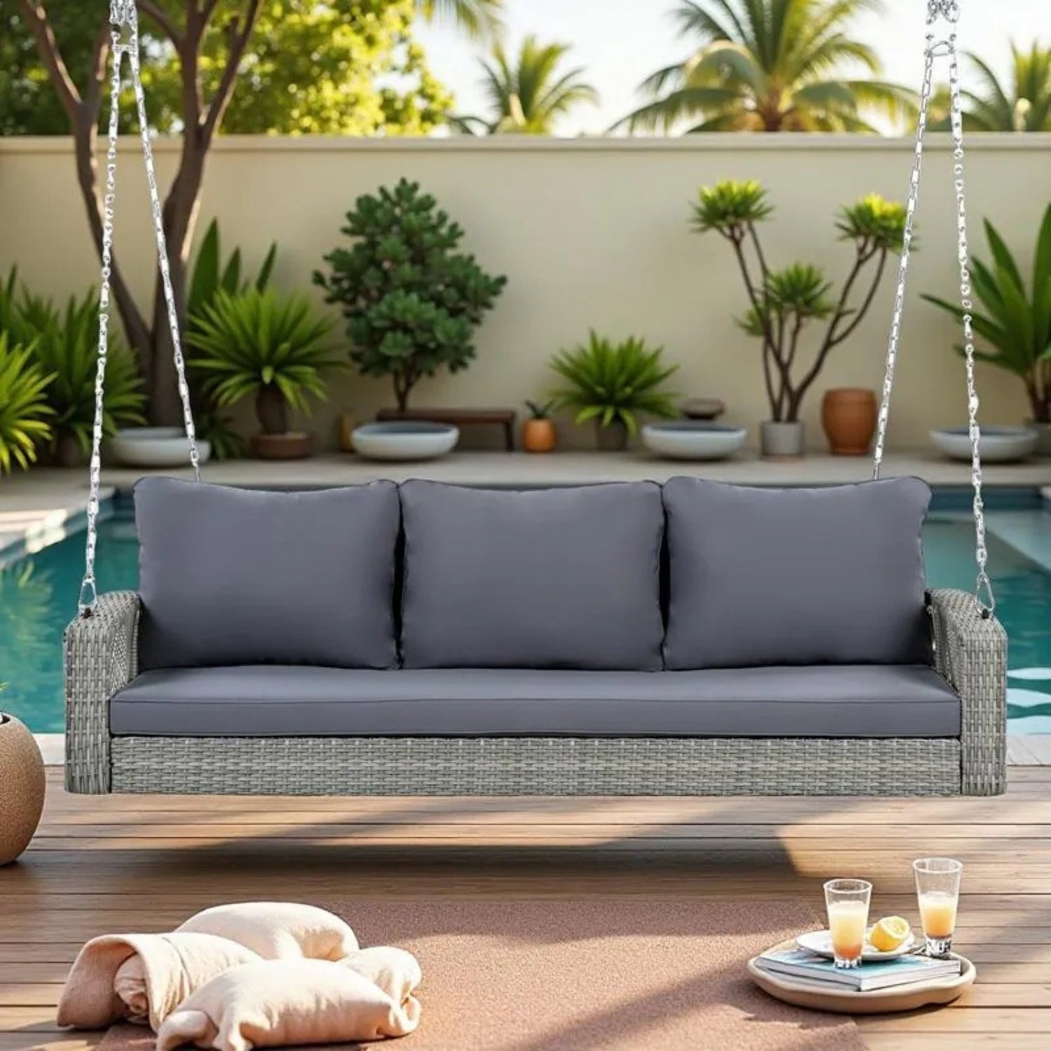 Outdoor Large HDPE Wicker 3-Person Porch Swing