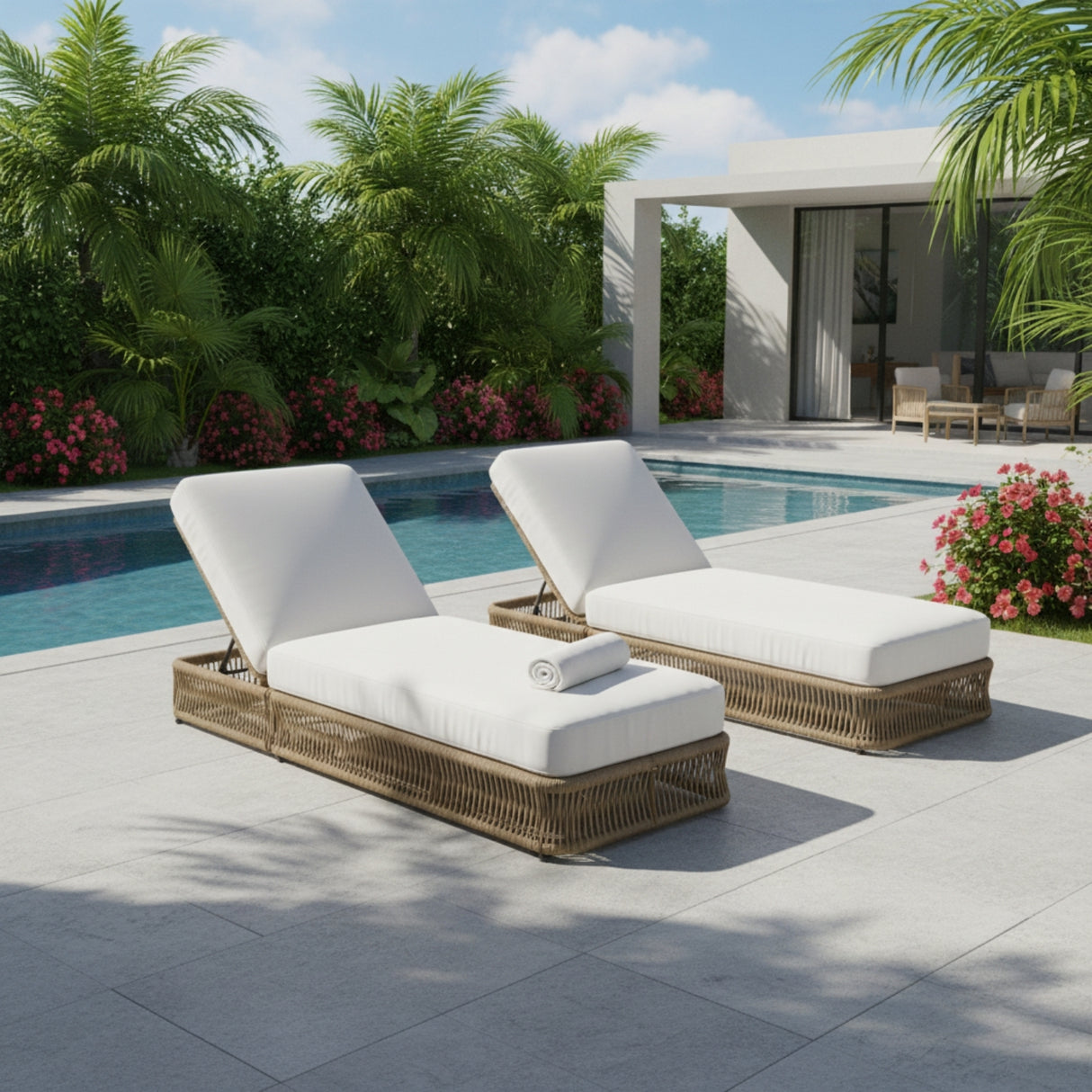 Outdoor All-Weather Rope Lounger Set of 2 (Beige & White)