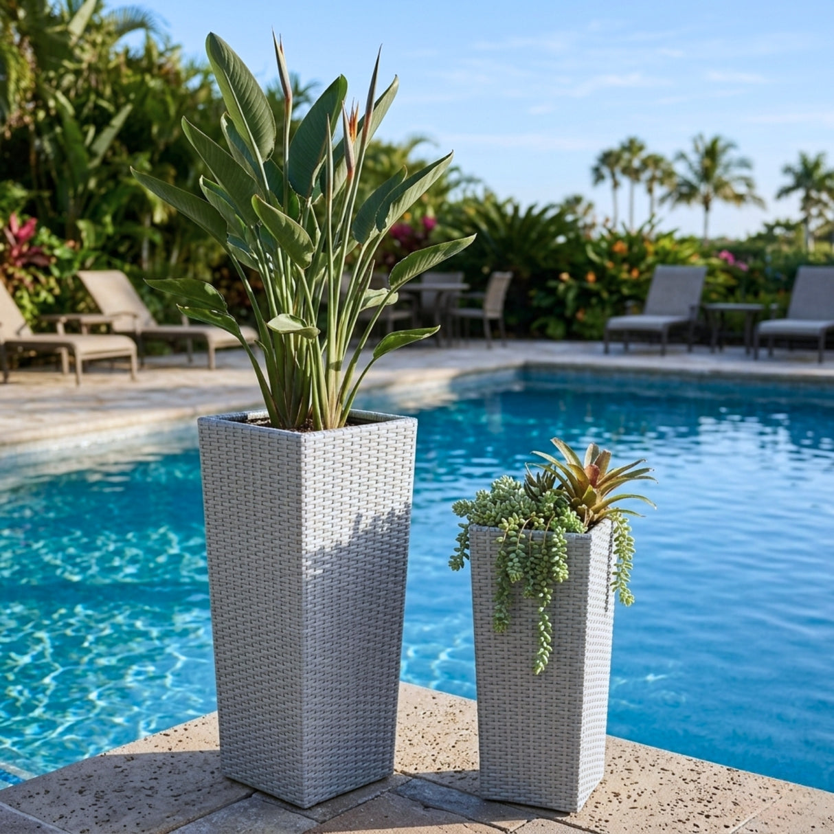 2-Piece Outdoor Rattan Wicker Tall Square Planters (Silver Grey)