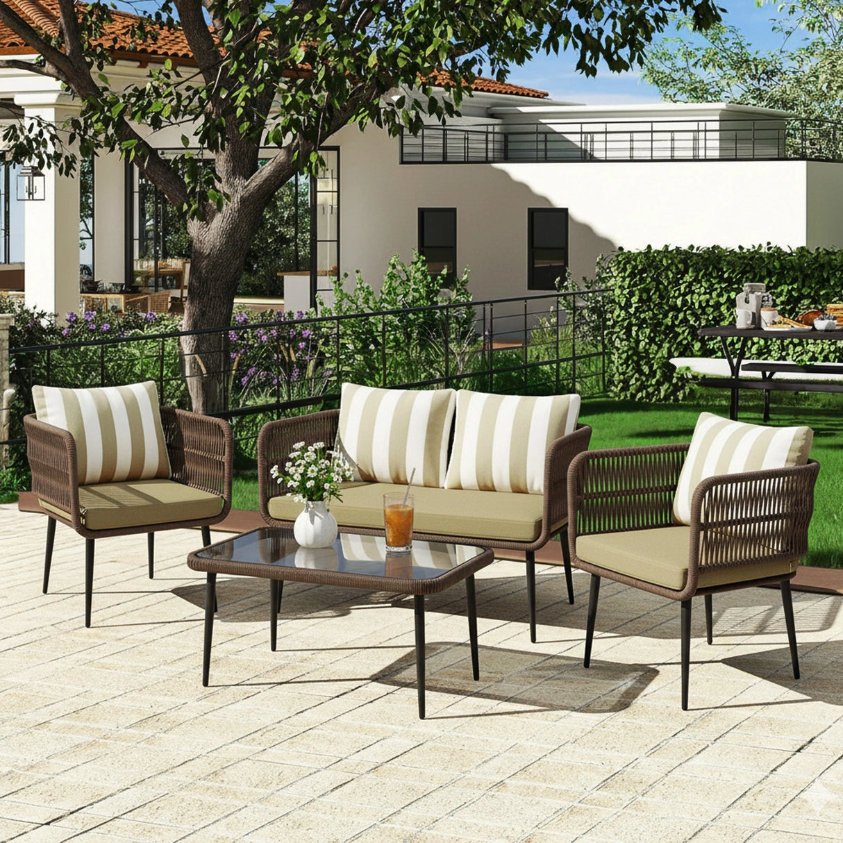 Outdoor 4-Seater Rope Conversation Set(Brown & Cream)