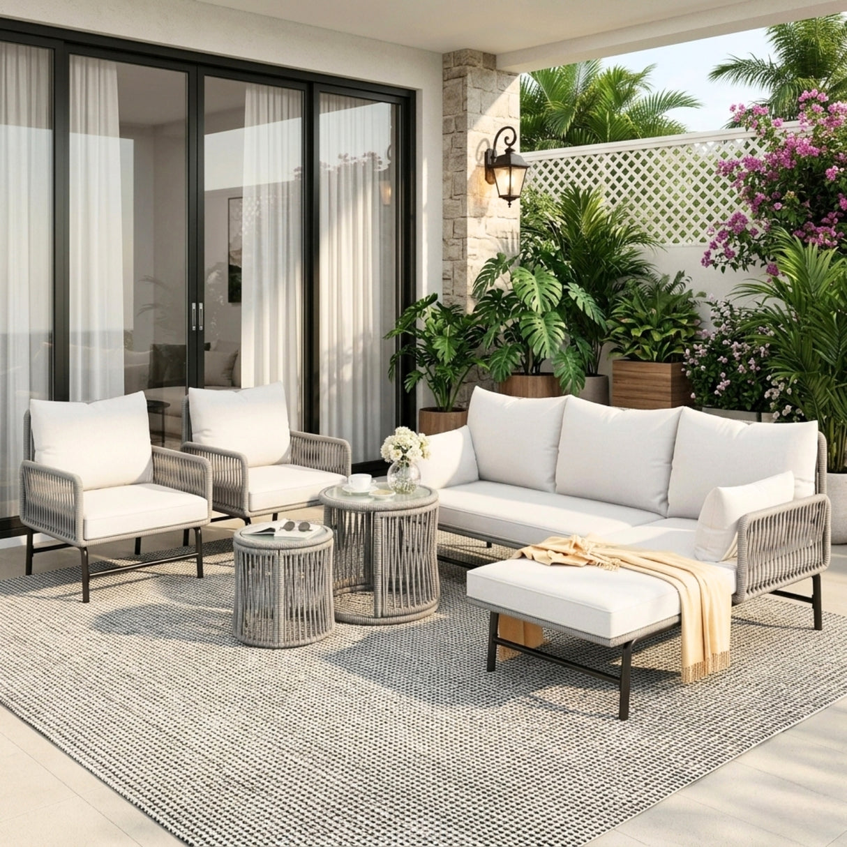 Outdoor L-Shape Rope Sofa Set (Grey & White)