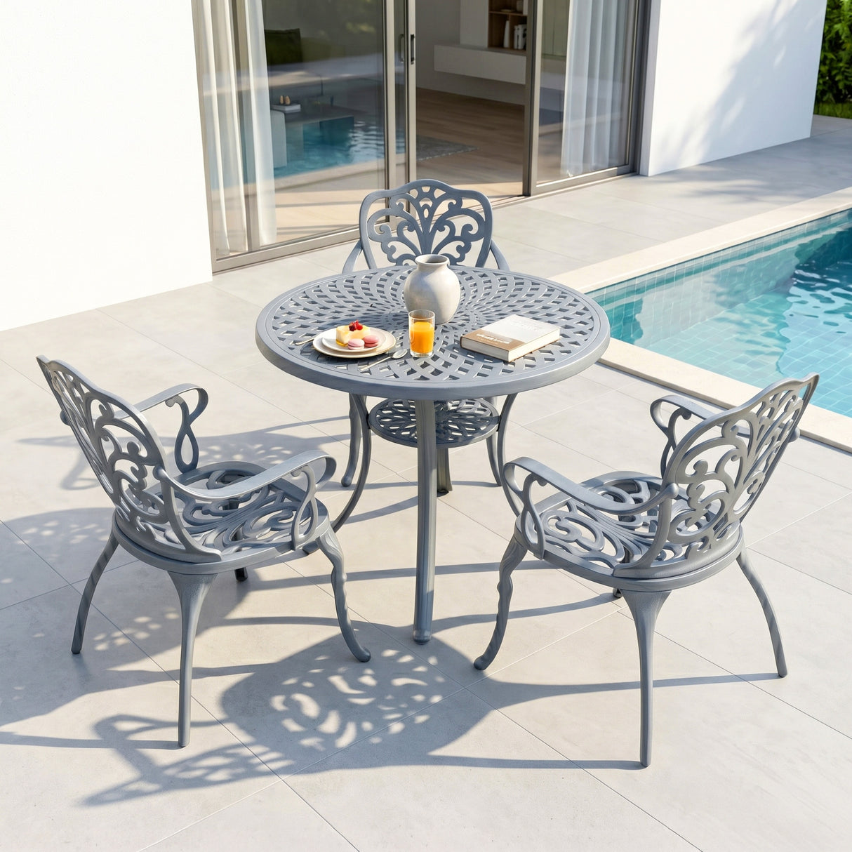 3-Seater Outdoor Cast Aluminum Bistro Set with Round Table (Grey)