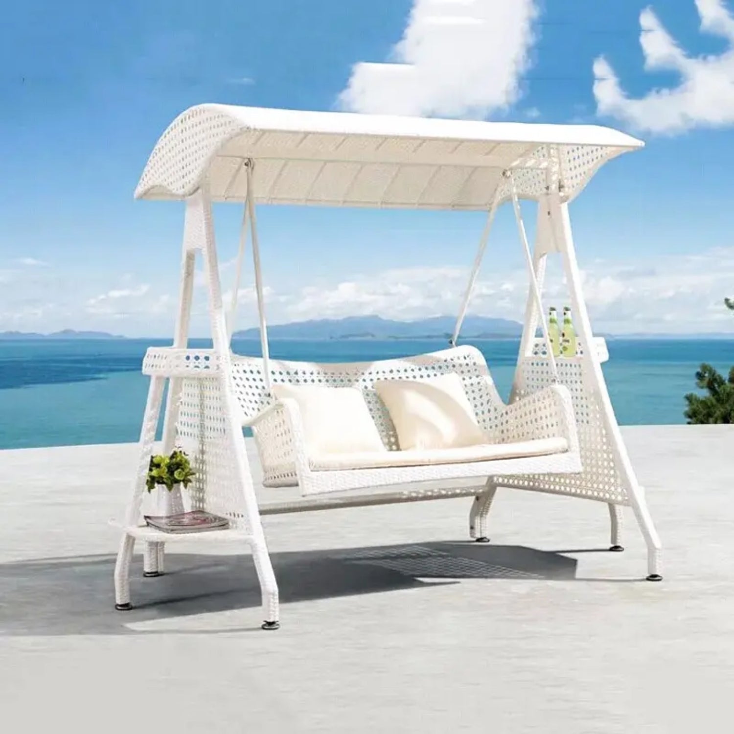 Outdoor Wicker 2-Seat Patio Swing Chair with Shade & Cushions
