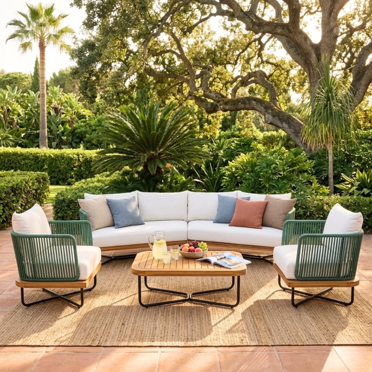 Outdoor Rope Sofa Set with Wooden Base & Teak Finish Coffee Table (Green & Off-White)