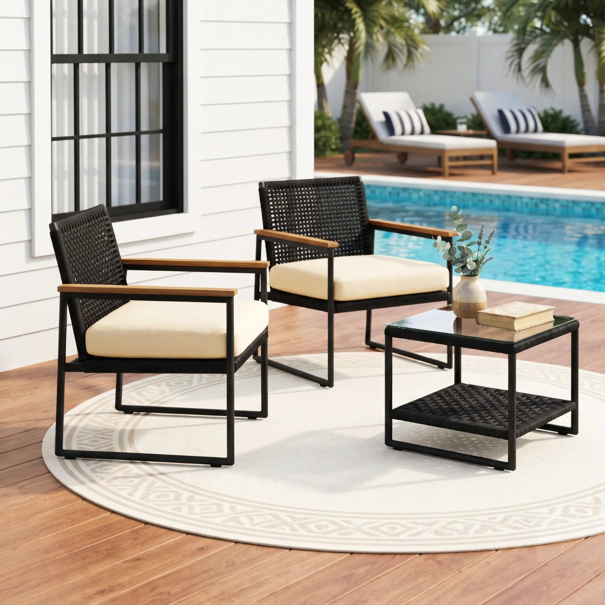 Outdoor 3-Piece Wicker Patio Set(Black & Cream)