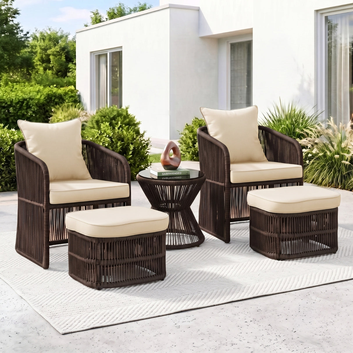 Outdoor 5 Piece Rope Patio Chair Ottoman Set (Brown & Cream)