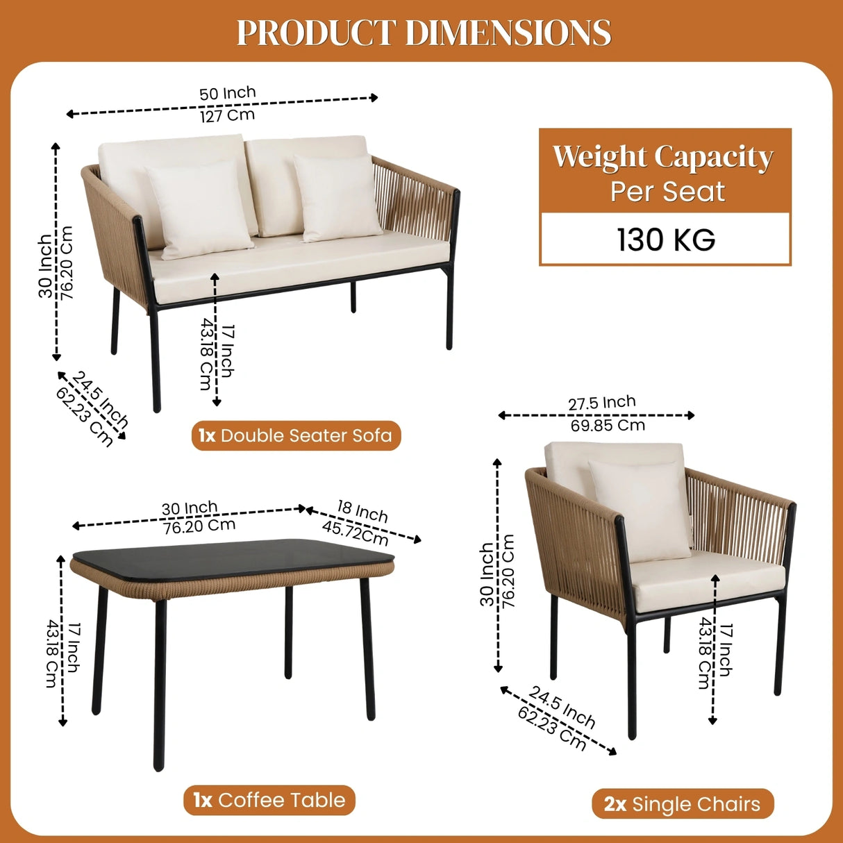 Outdoor 4 Seater Rope Sofa Set