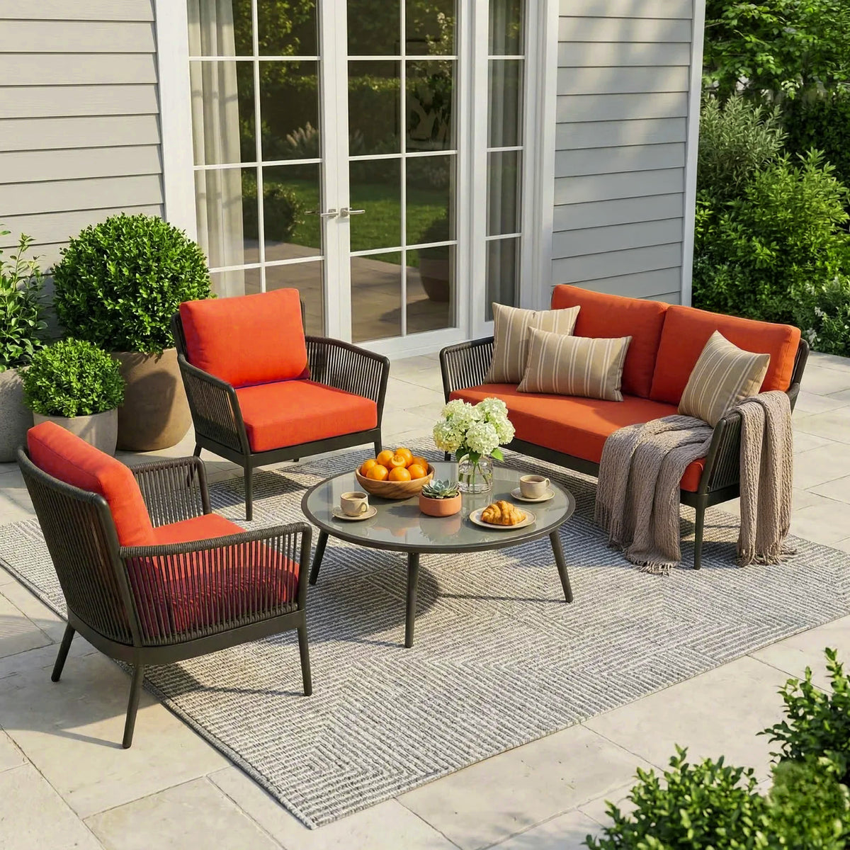 4-Piece Outdoor Rope Patio Furniture Set with Glass Top Table (Grey & Orange)