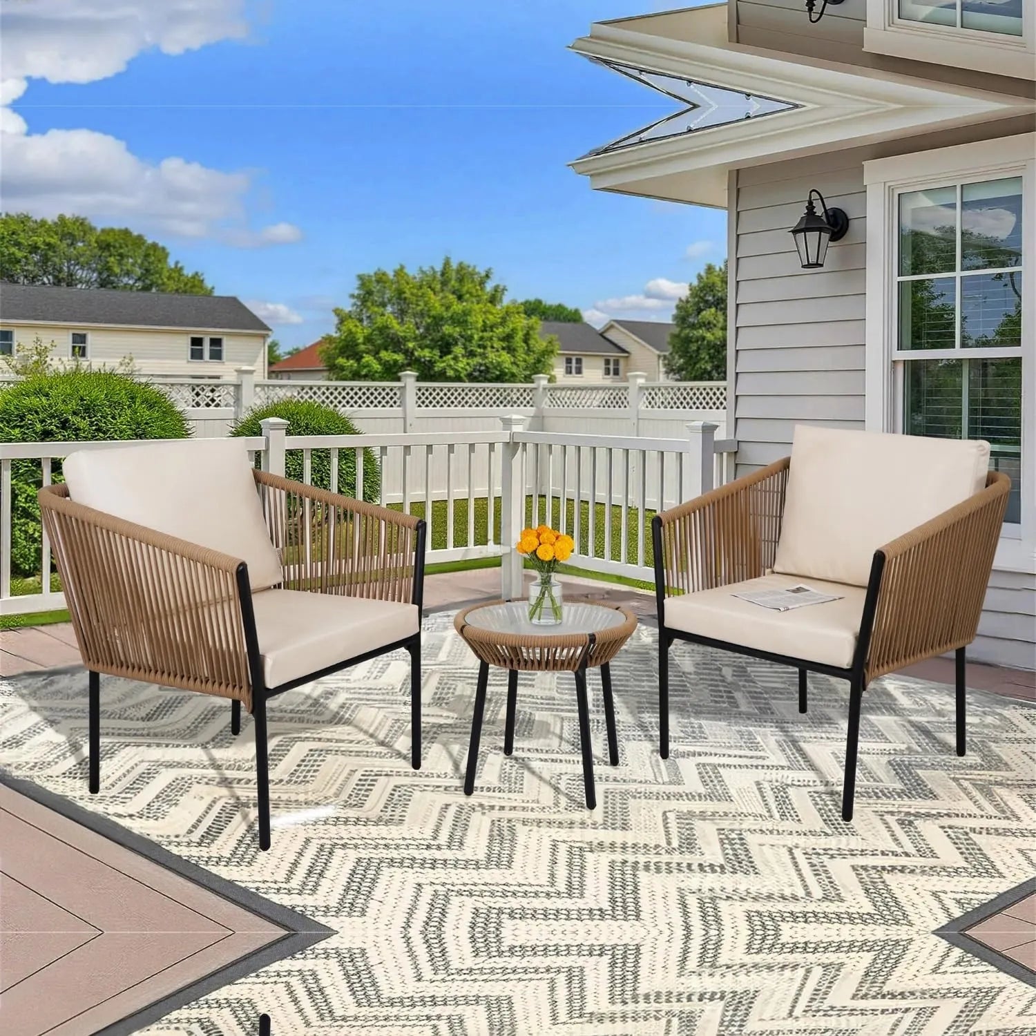 Outdoor Rope Patio Set with Glass Top Table