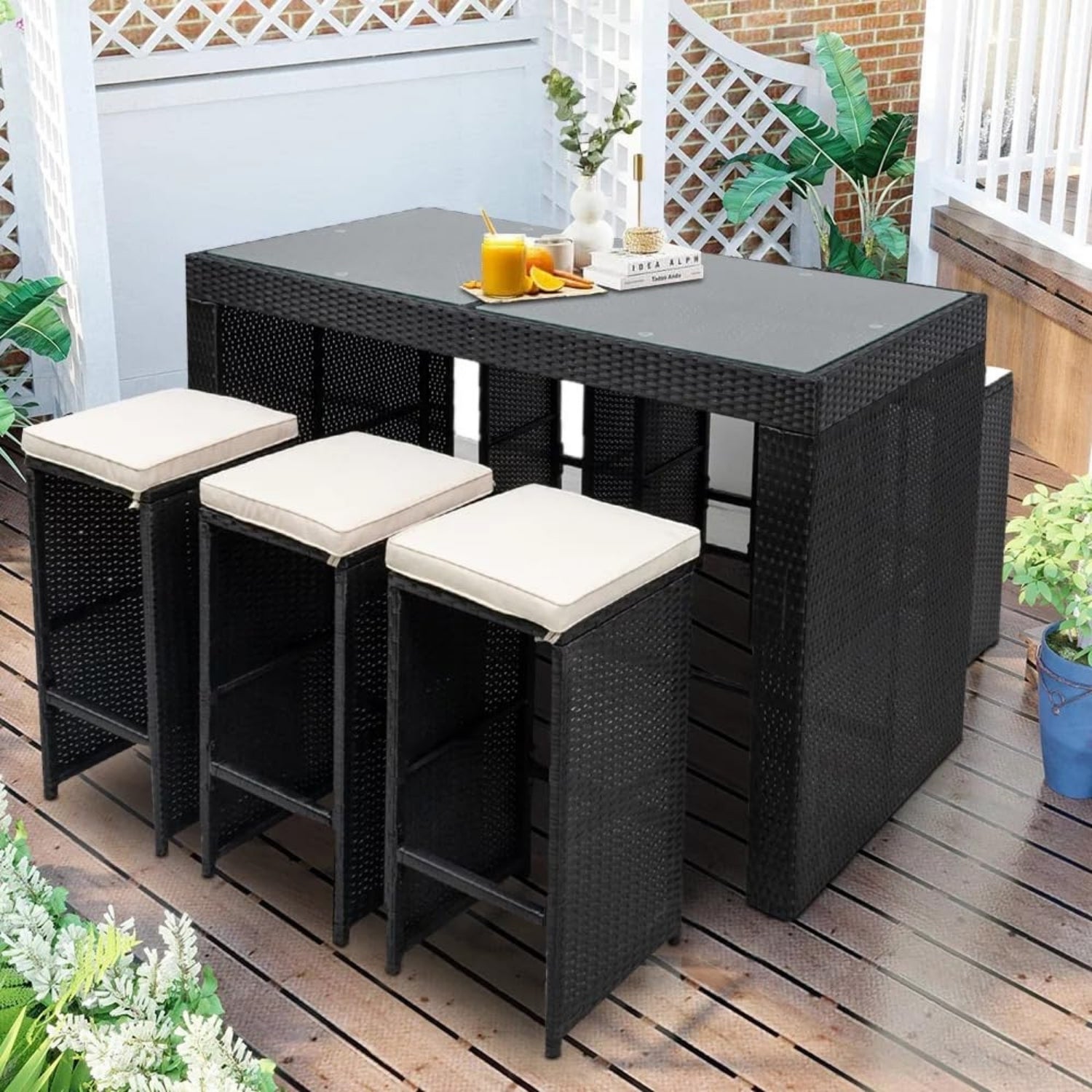 7-Piece Outdoor Rattan Wicker Bar Set with Glass Top Table