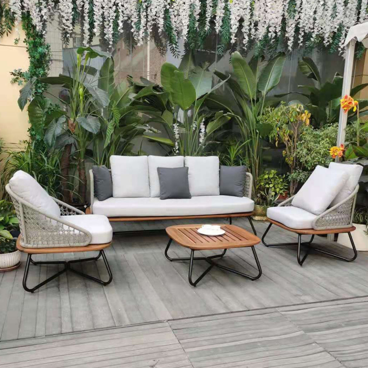 5-Seater Outdoor All-Weather Rope Sofa Set With Wooden Base