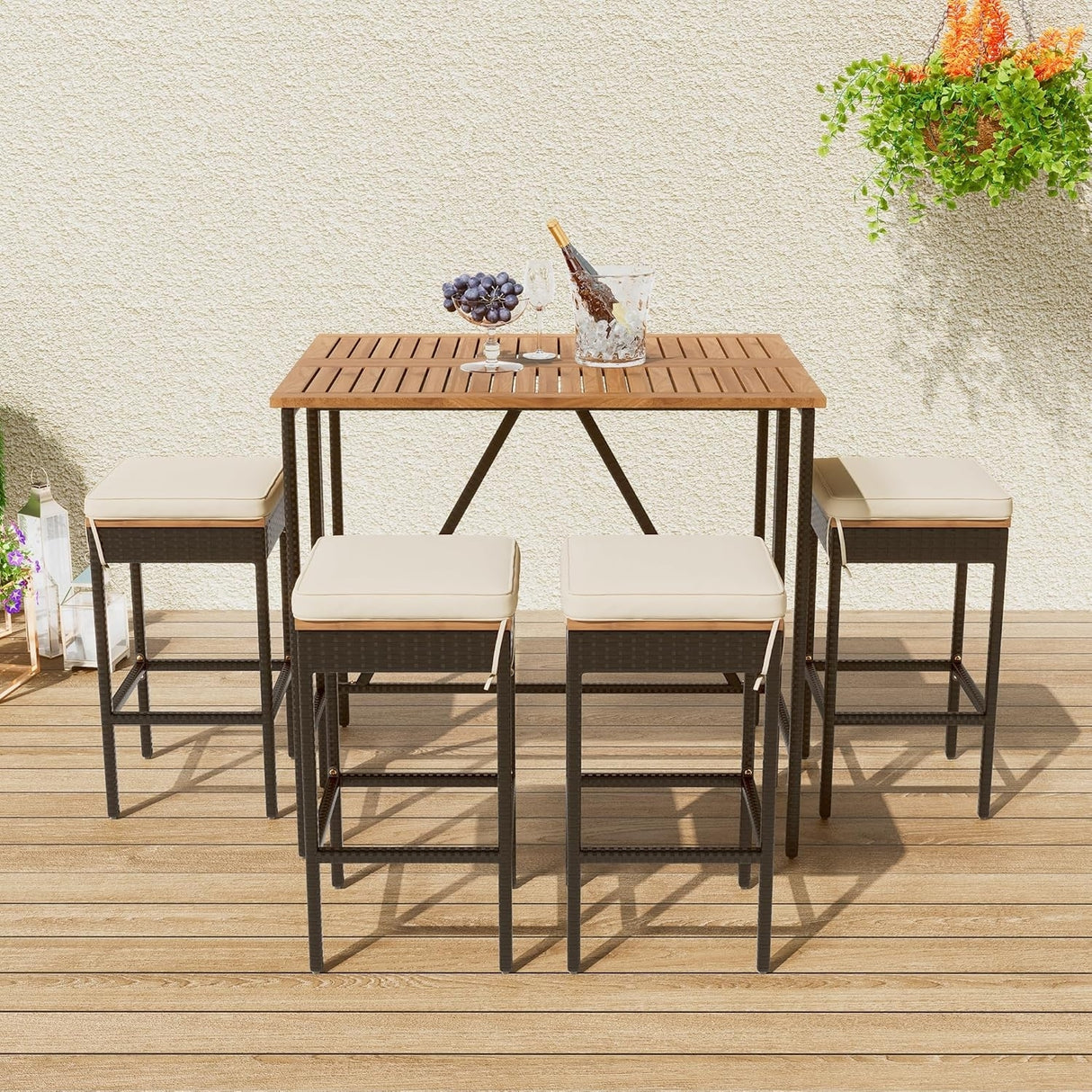 5-Piece Outdoor Rattan Wicker Bar Set with Wooden Top Table