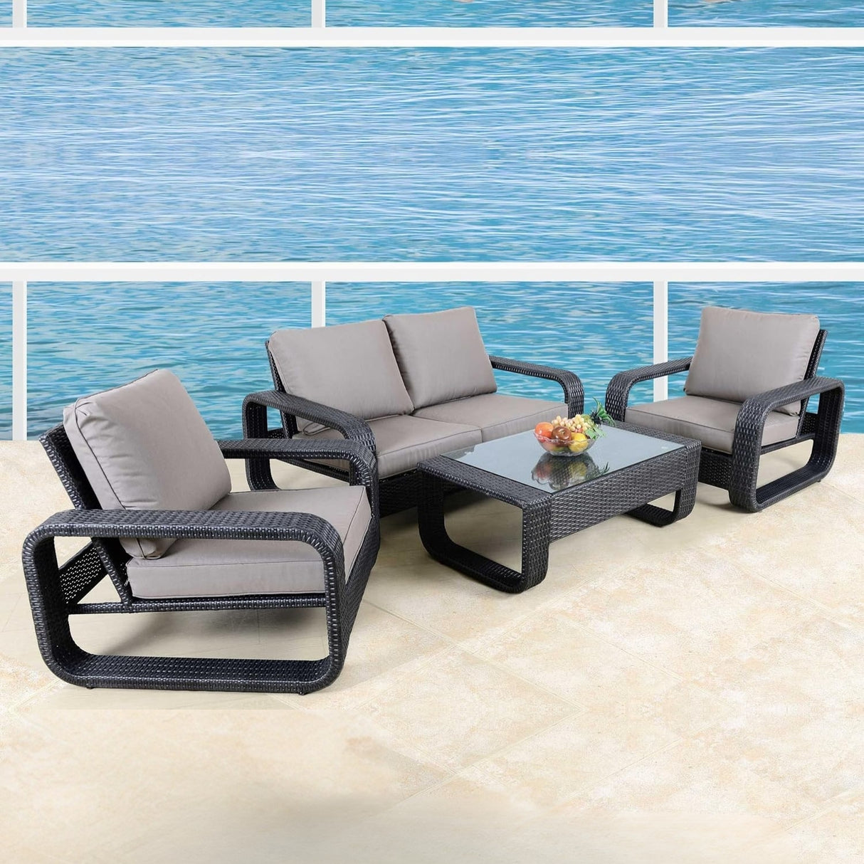 4-Piece Outdoor Rattan Wicker Patio Sofa Set & Glass Top Table