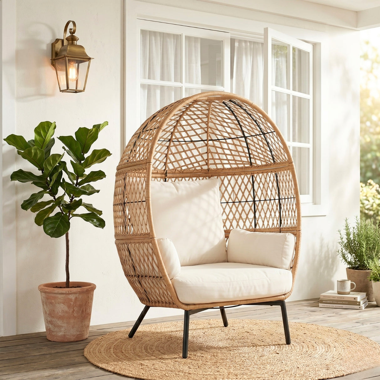 Outdoor Beige Rattan Wicker Lounge Egg Chair