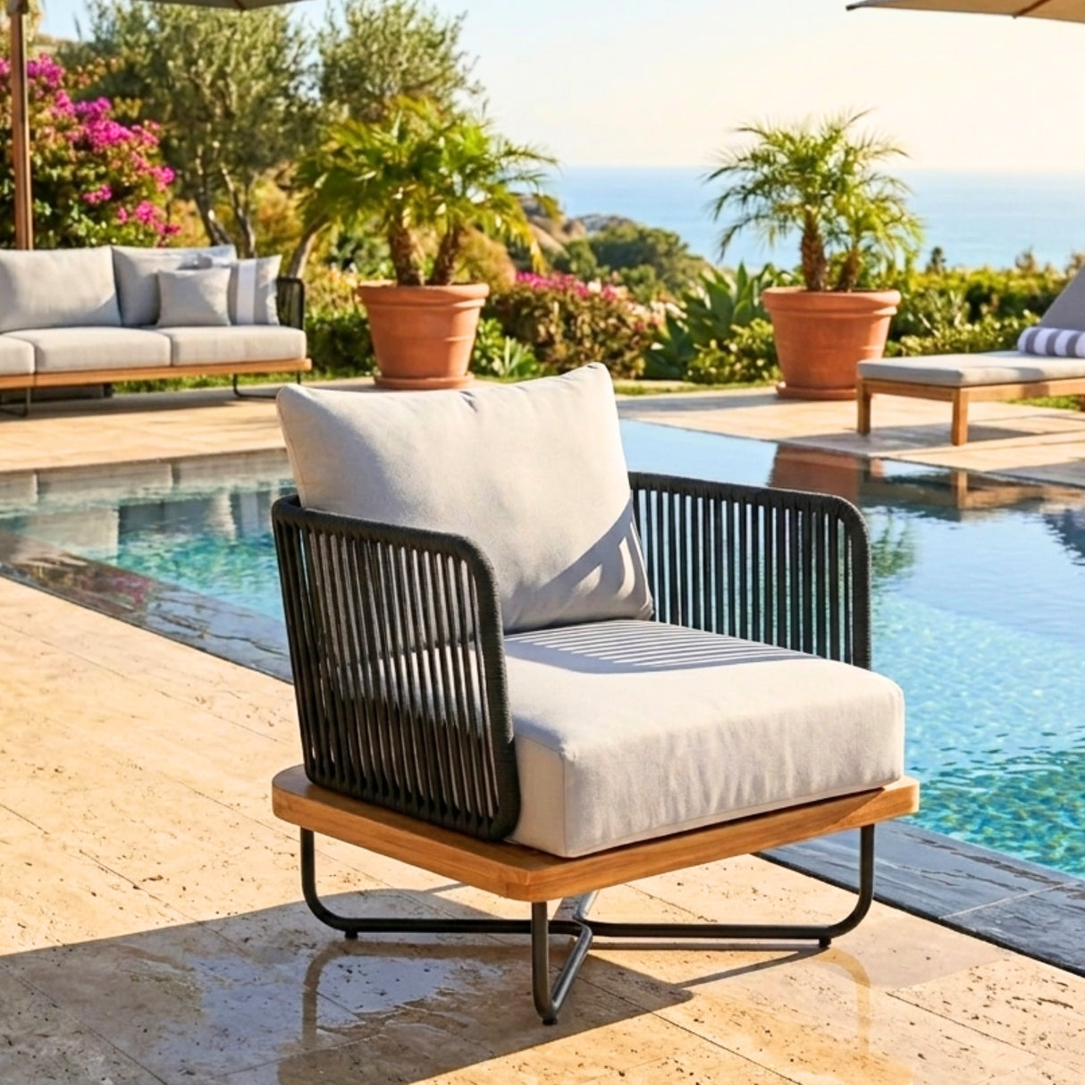 Outdoor Rope Sofa with Wooden Base (Black & White)