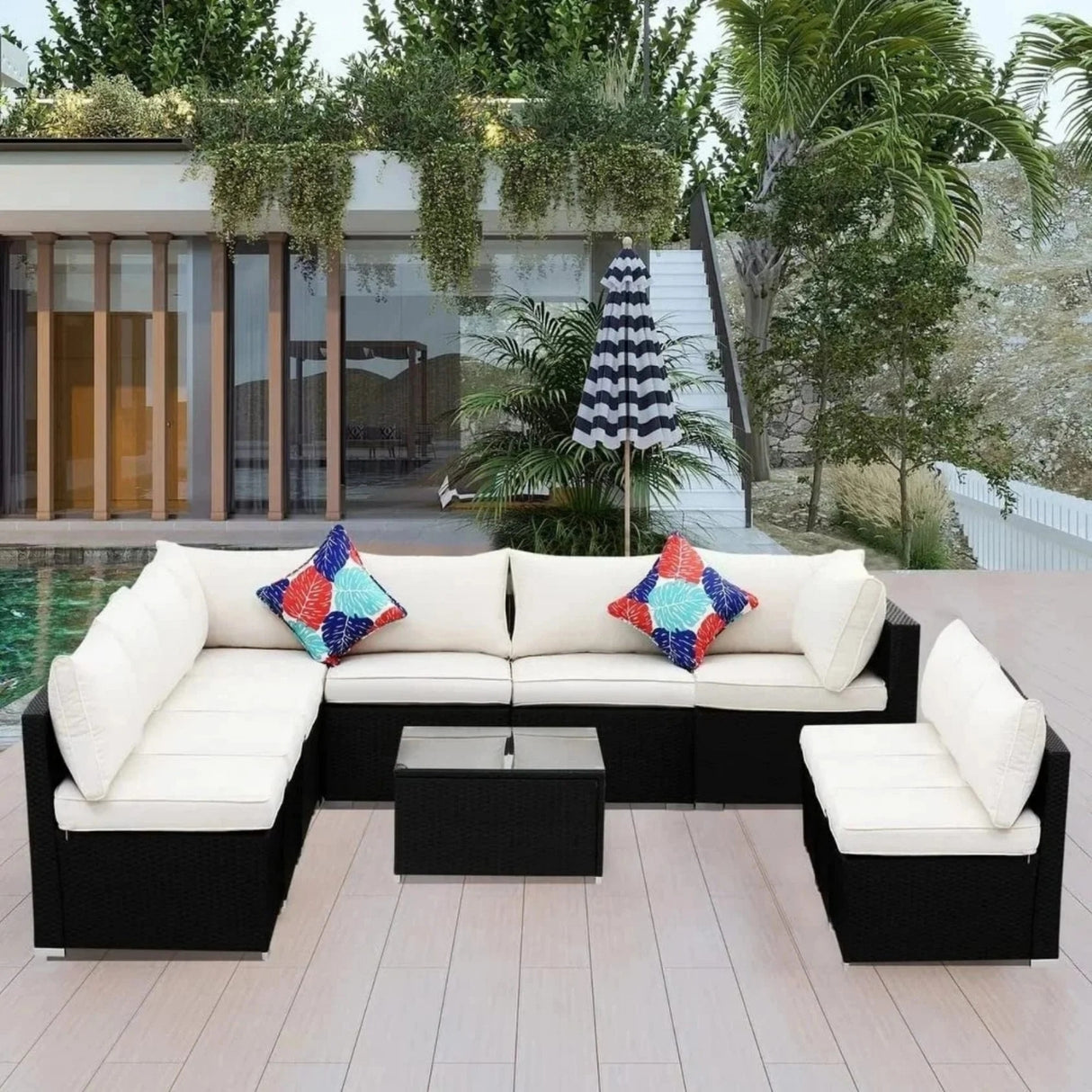 Outdoor Garden Conversation Sofa Set (Black/Off-White)