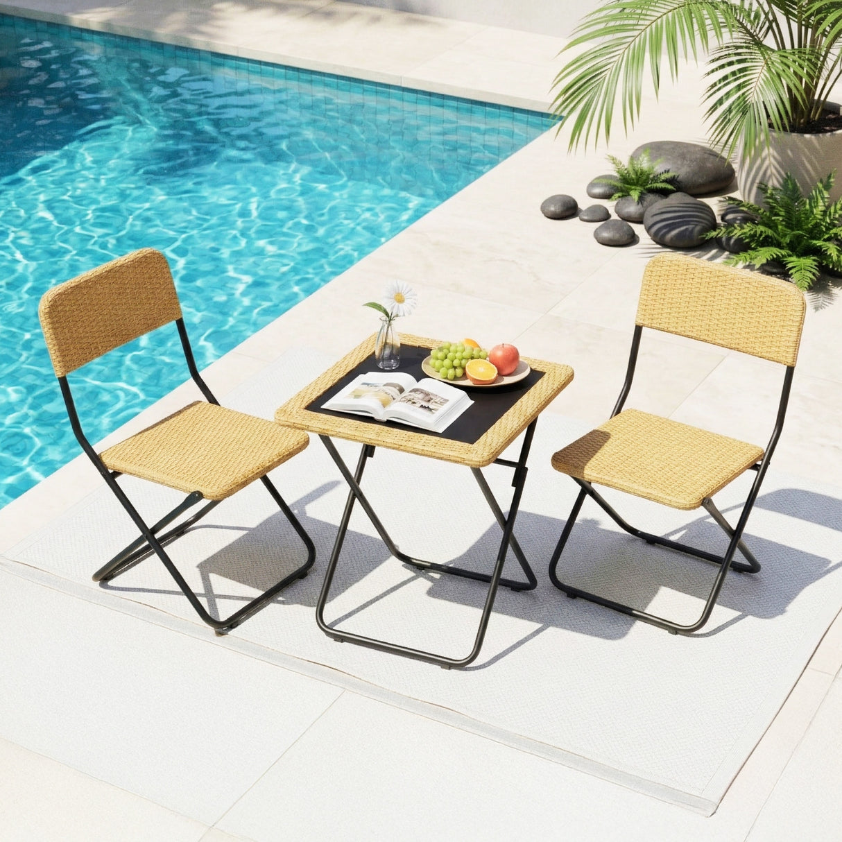 3-Piece Outdoor Wicker Folding Patio Set (Beige)