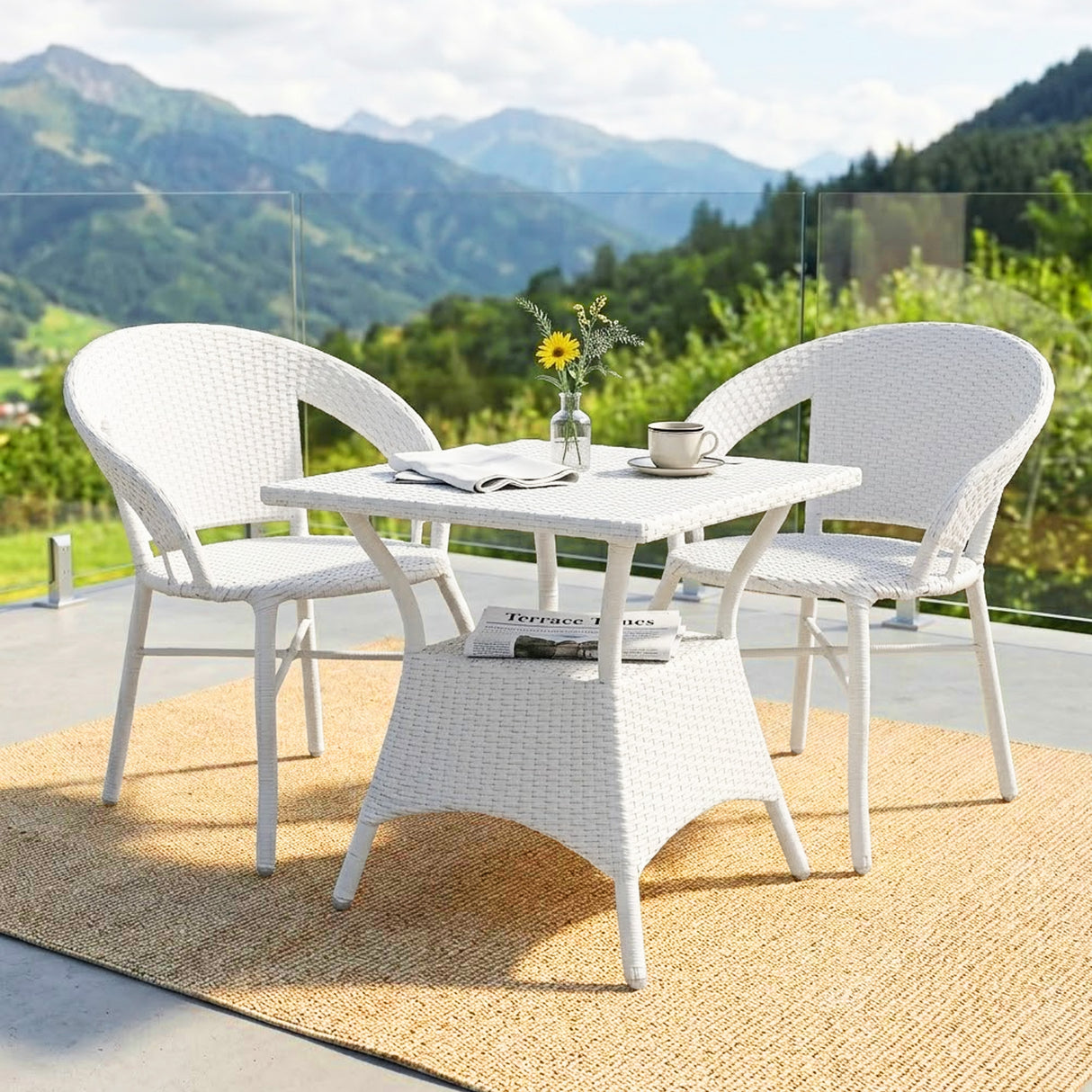 Outdoor Wicker 3 Piece Patio Bistro Set (White)