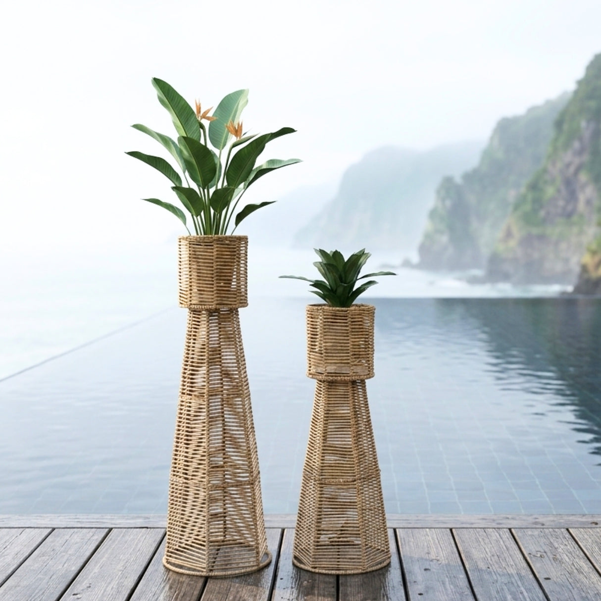 Outdoor Wicker Planter Stand Set of 2 (Beige)