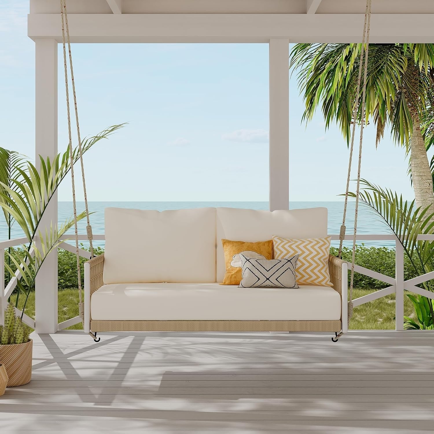 Outdoor Rope Swing 2-Person Hanging Chair, Weatherproof Porch Swing