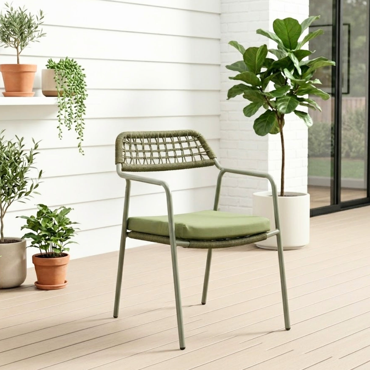 Outdoor Rope Dining Chair with Cushion (Green)
