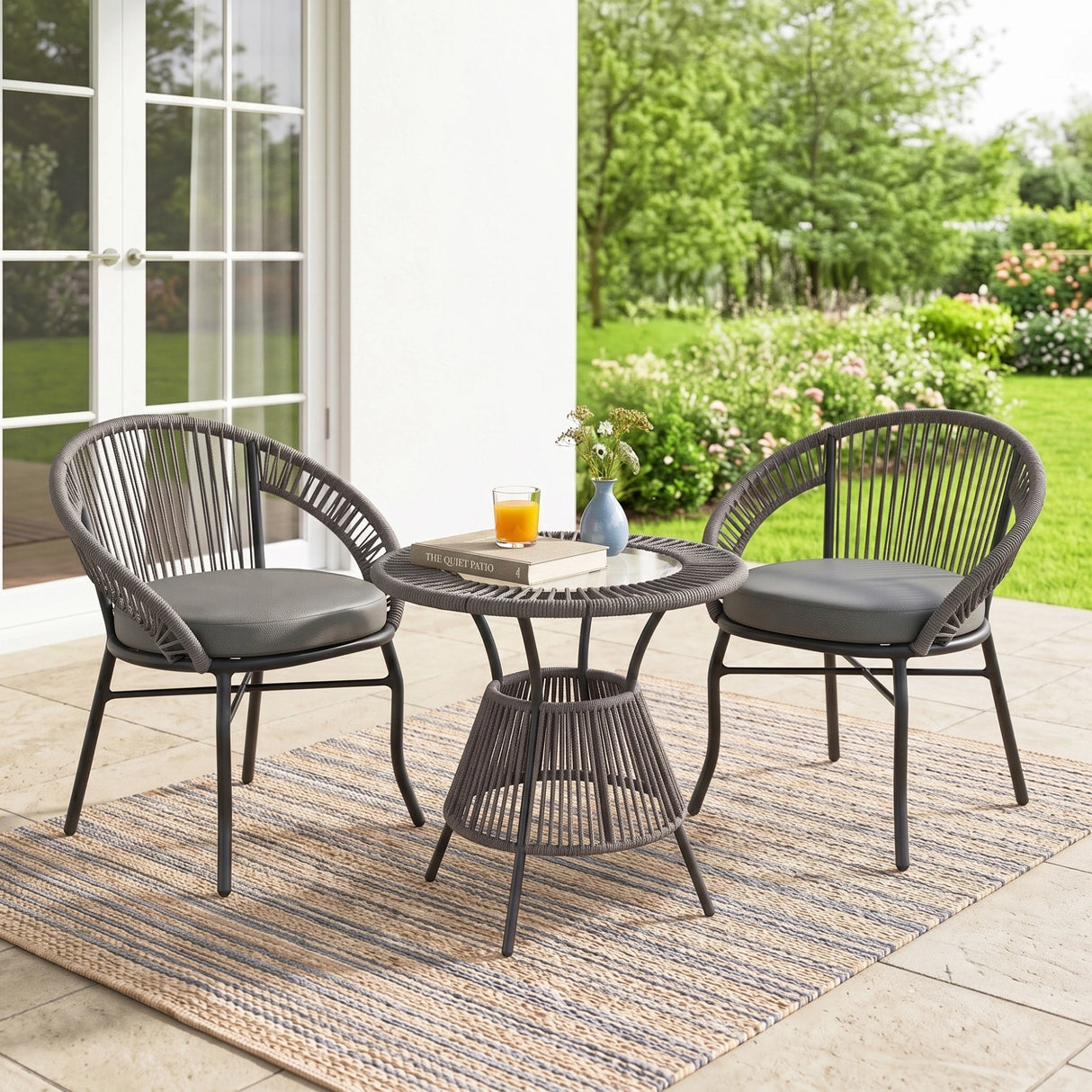 Outdoor Rope 3 Piece Patio Bistro Set (Grey & Dark Grey)