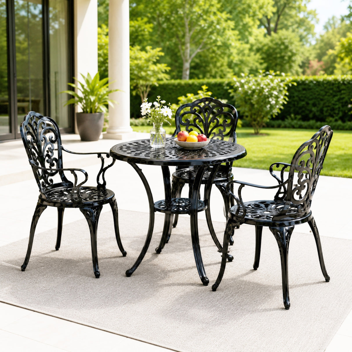 3-Seater Outdoor Cast Aluminum Bistro Set with Round Table (Black)