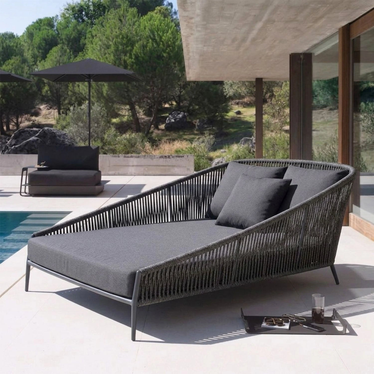 Outdoor Grey Rope Patio Daybed with Comfortable Dark Grey Cushion