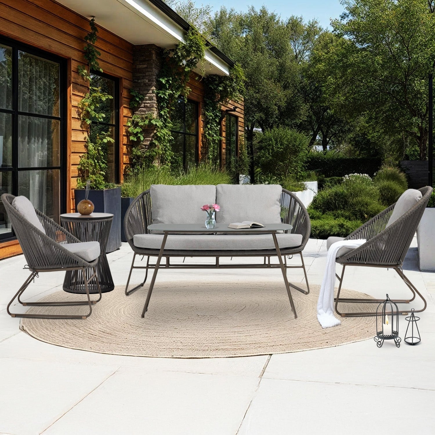 Outdoor Rope 4-Piece Patio Sofa Set with Glass Top Tables