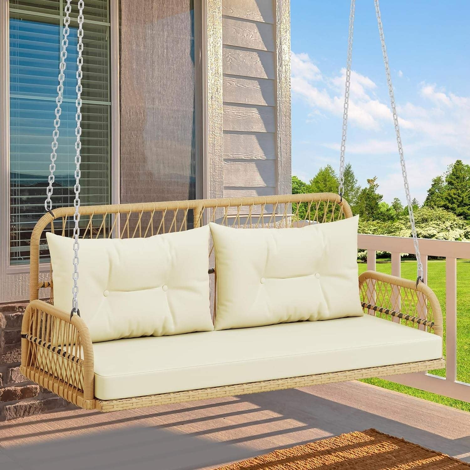 Outdoor Beige Rattan Wicker Two Seater Sofa Swing