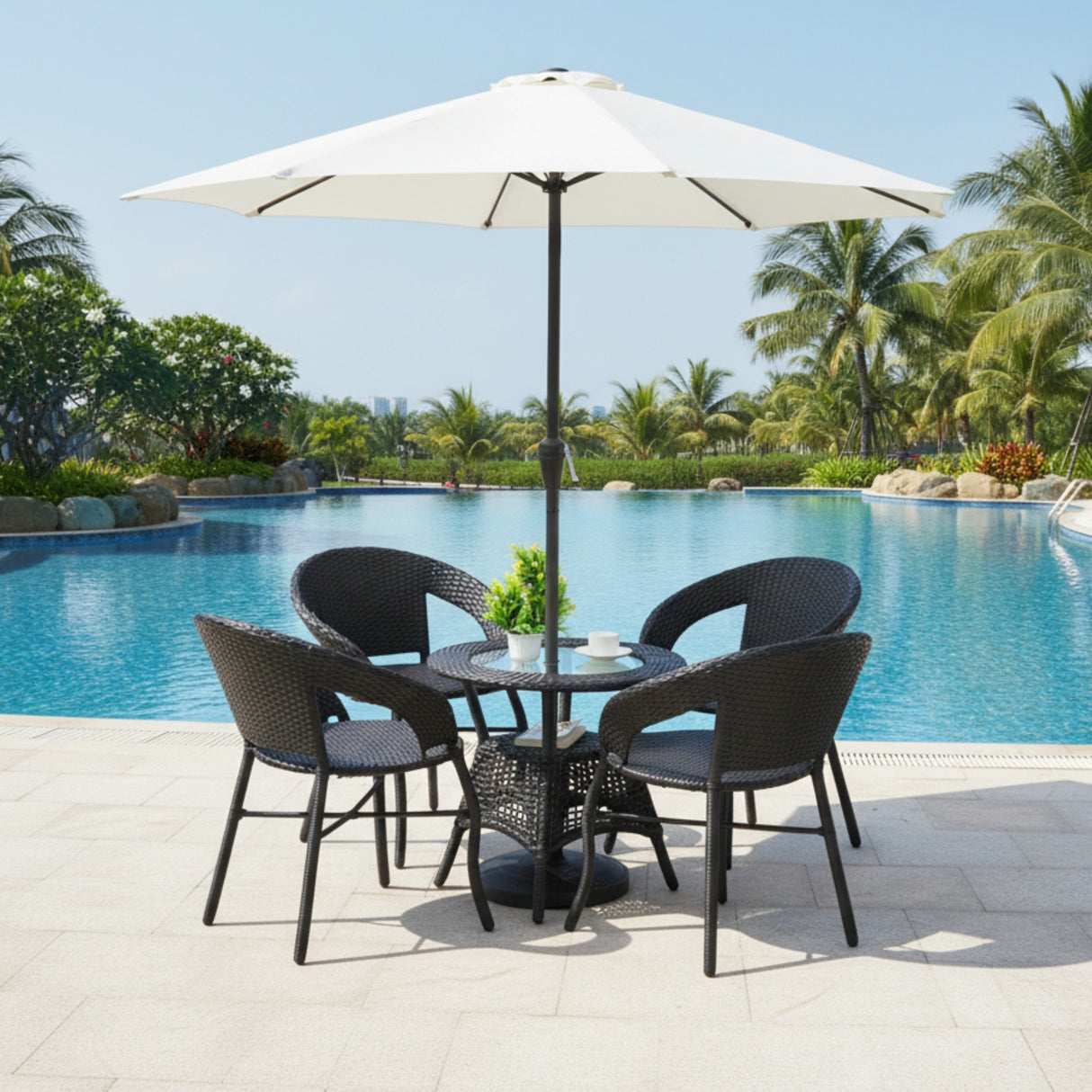 Outdoor Wicker 5-Piece Patio Set with Outdoor Umbrella